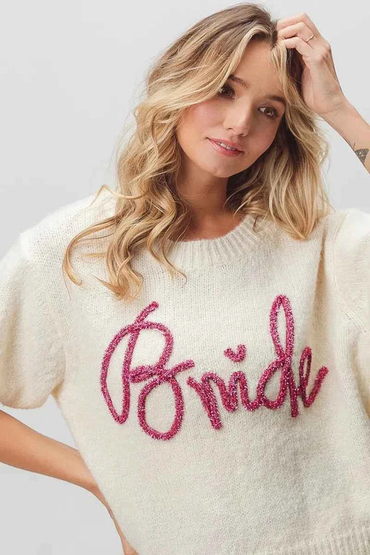 Metallic Letter Short Puff Sleeve Hairy Sweater 50ac47a68a75461f85d952885721db37-Max-Origin