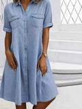 Full Size Button-Front Short Sleeve Denim Dress Plus Size Light Blue 50b08e6a441a461990f21aa85ecb8ceb-Max-Origin