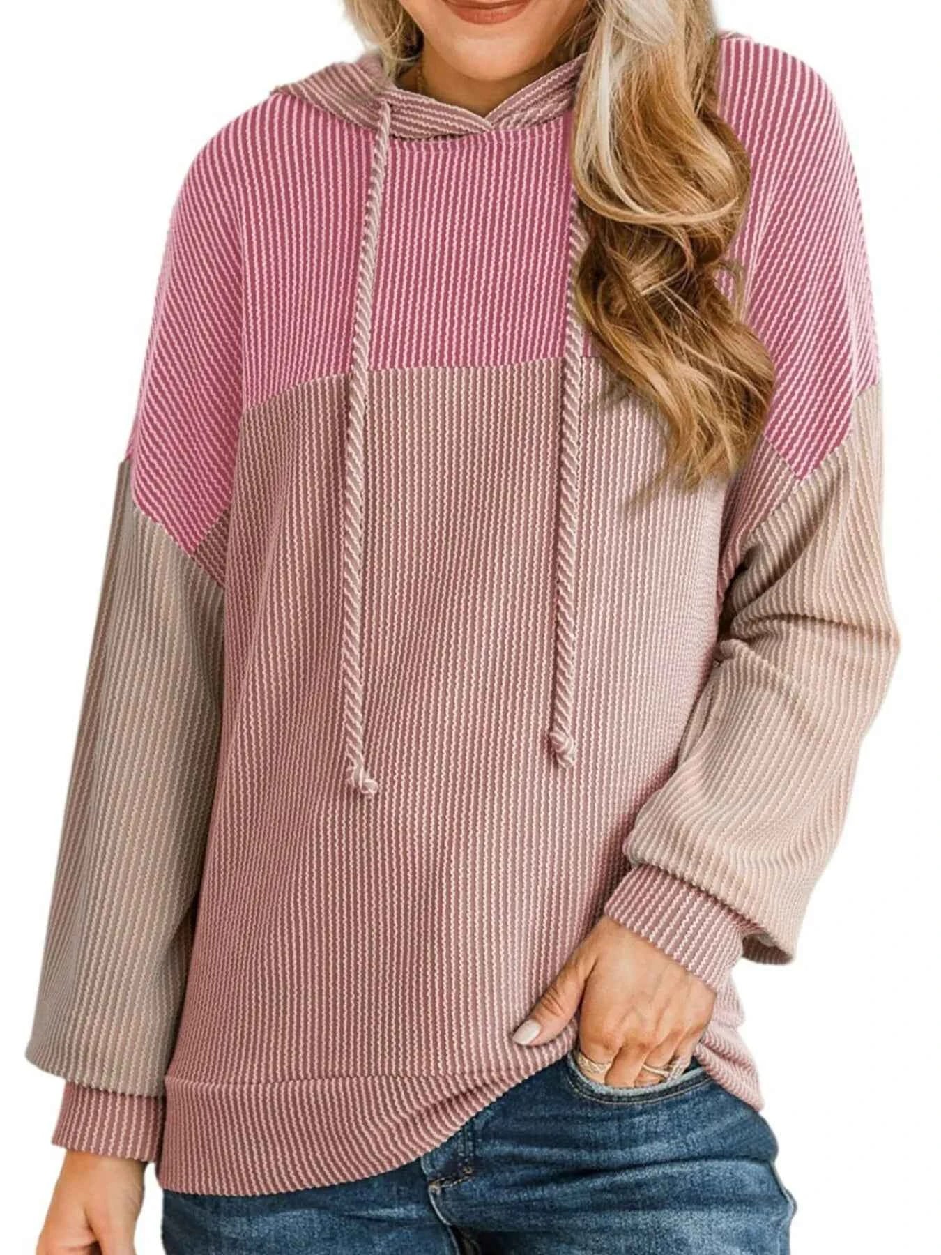 Drawstring Color Block Long Sleeve Hoodie Pink 50b29b92332d49f897a08d7ea1a85477-Max-Origin