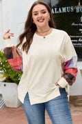Plus Size Plaid Patchwork Long Sleeve Exposed Seam Beige 50b5759c-caf4-4d55-9427-af3b8efcd96f