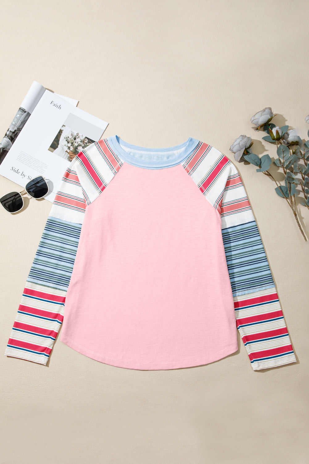 Pink Striped Colorblock Long Sleeve Top 50b600a55752448d