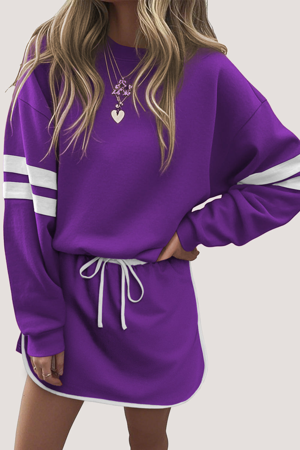 Tillandsia Purple Varsity Stripe Detail Drop Shoulder Pullover Mini Skirt Set 50bda3d2450bac49