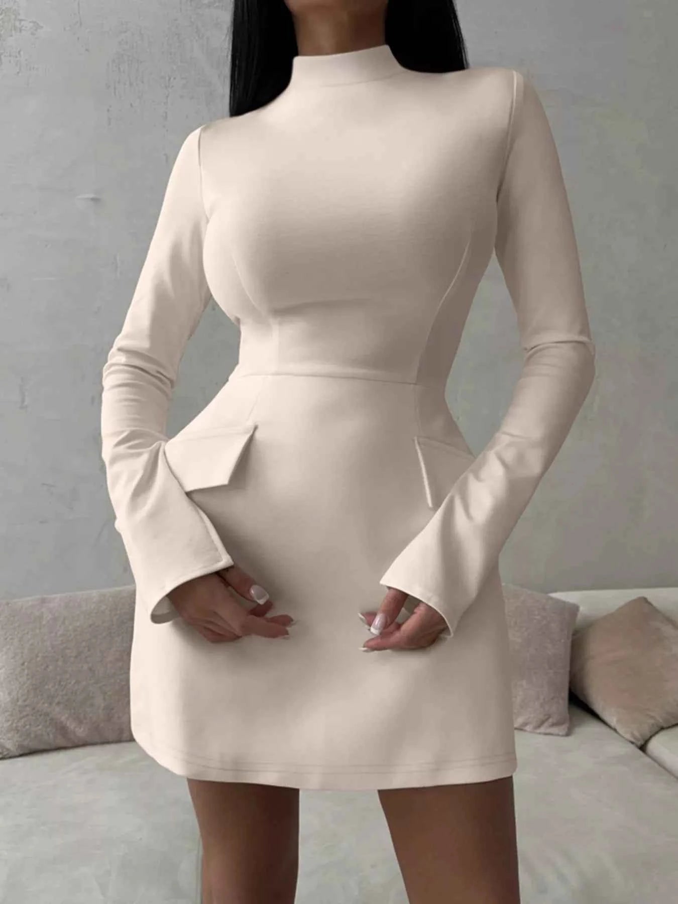 Mock Neck Long Sleeve Bodycon Dress Dust Storm 50c5abf0-9b65-4976-a797-5e9337fadf42-Max-Origin