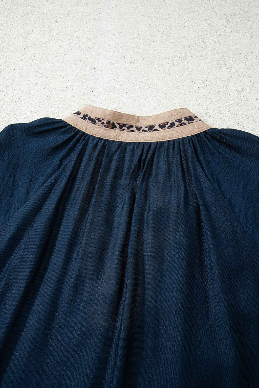 Navy Blue Contrast Leopard Patchwork Collar Plus Size Long Flounce Sleeve Blouse 50c9721a15de2ea1