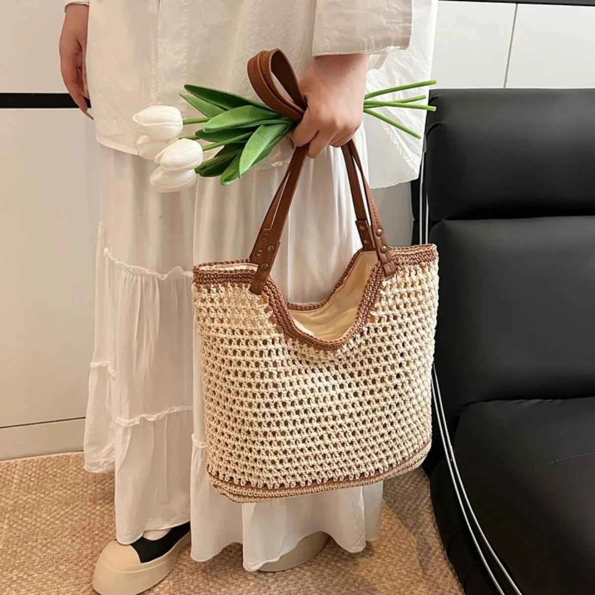 Crochet Tote Bag with Leather Handles 50cd11c2-a60d-4fa7-bd63-a805e95f1694-Max-Origin