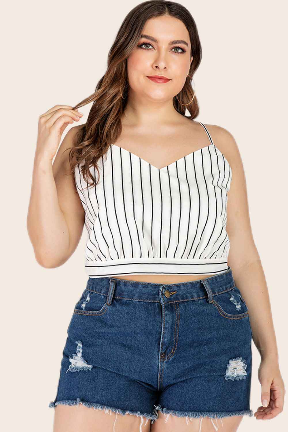 Plus Size Striped Tie-Back Cropped Cami 50d508d801694b2bb646fefdb1525244-Max