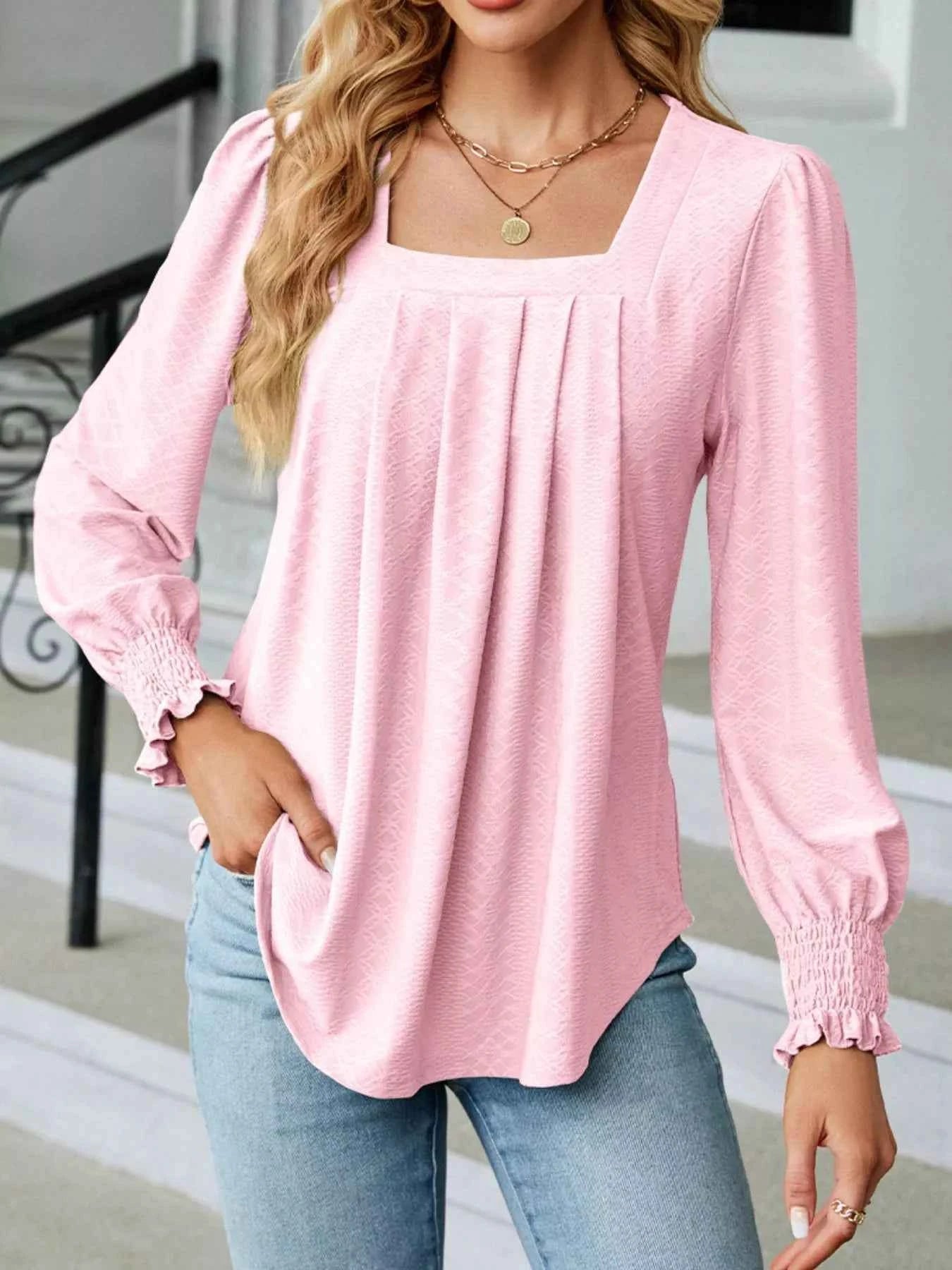 Pleated Square Neck Long Sleeve Top Blush Pink 50dae3db-638c-4230-8794-02980dfe95d0-Max-Origin
