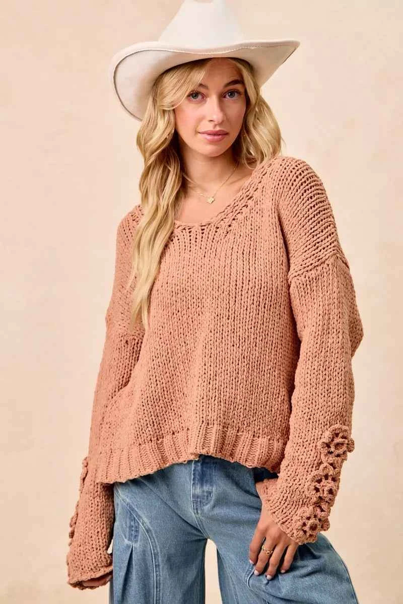 BiBi Chunky Knit Sweater with Flower Detail Sleeves 50dec00de35c4c45859bd7518f83bc0d-Max-Origin