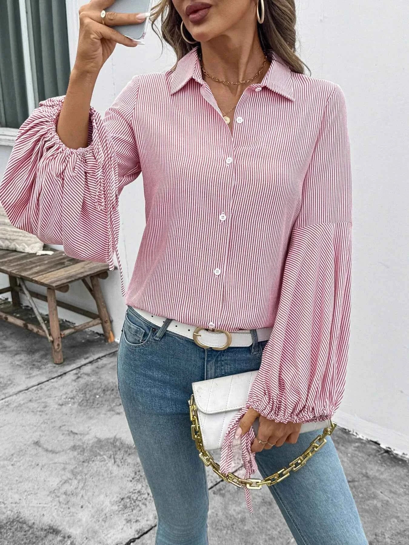 Striped Balloon Sleeve Button-Up Shirt 50dee03639c54e2d896b8da15a45d527-Max-Origin