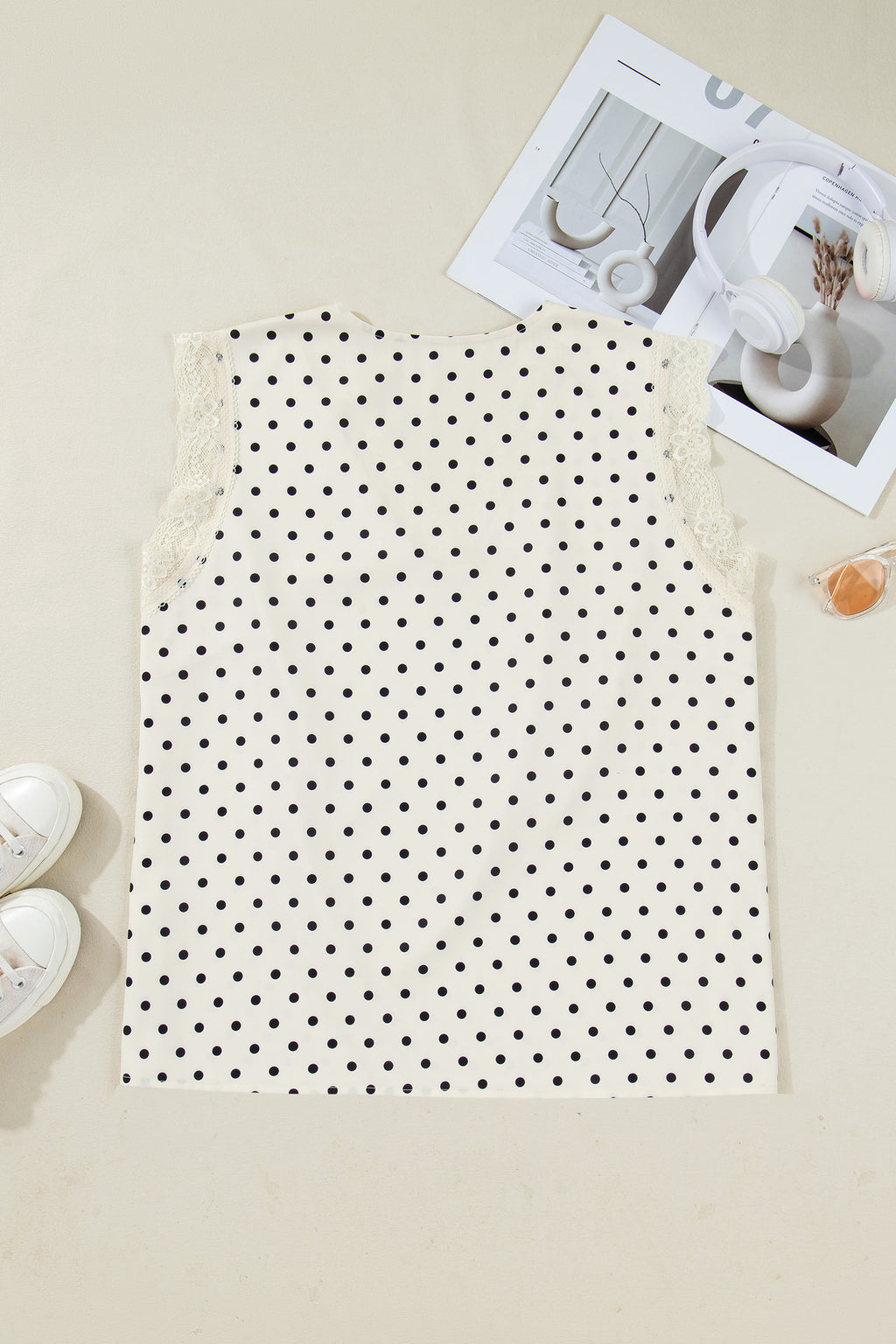 Apricot Plus Size Polka Dot Print Lace Trim V Neck Sleeveless Top 50e56fab1e96c7fe