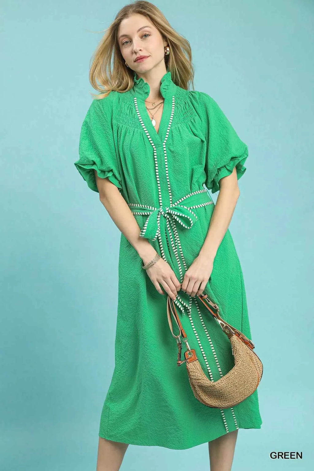 Umgee Ruffle Collar Midi Dress with Stripe Trim GREEN 50e7311b-a10a-4586-81e2-afb2e83911c0-Max-Origin
