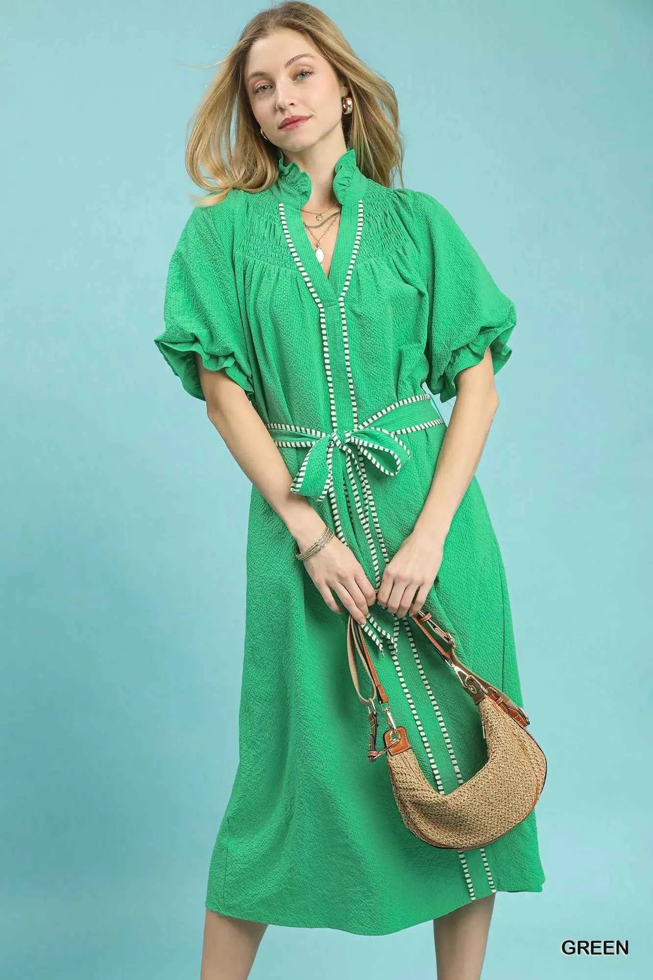 Umgee Ruffle Collar Midi Dress with Stripe Trim GREEN 50e7311b-a10a-4586-81e2-afb2e83911c0-Max-Origin