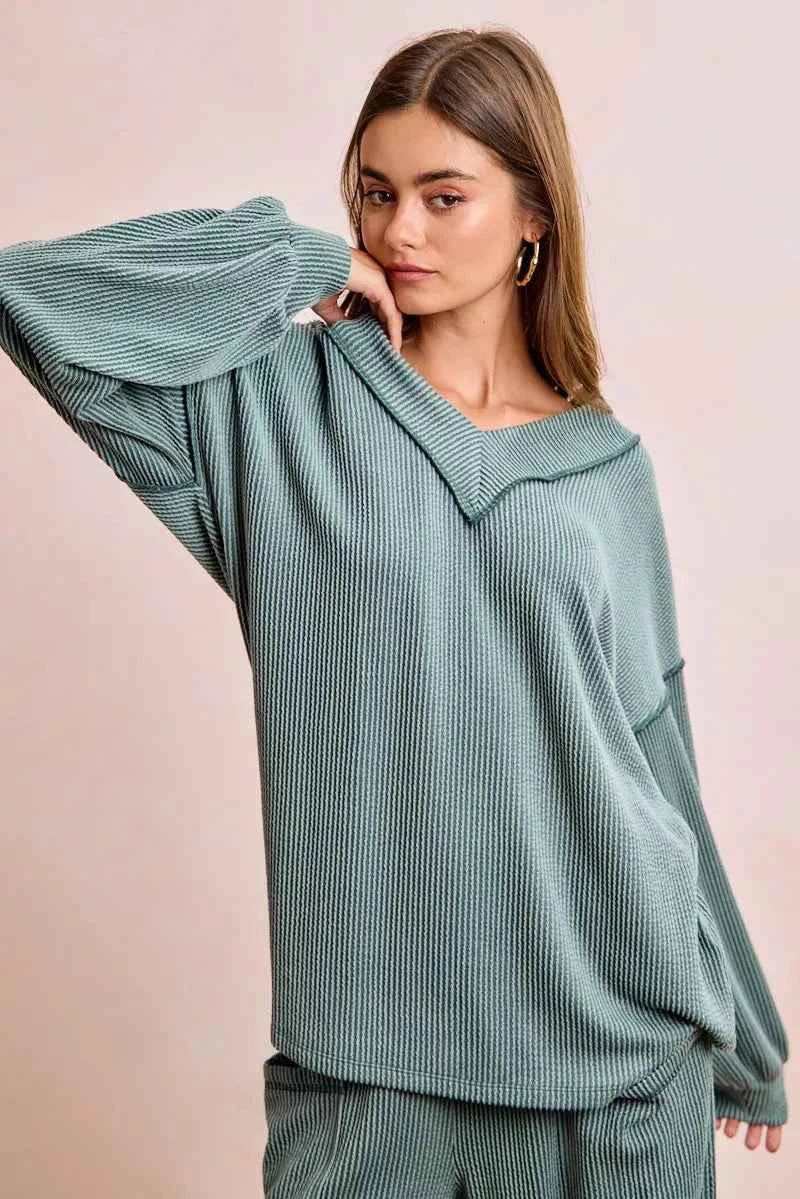BiBi Two Tone Cord Rib Contrast Stitching V-Neck Top and Pants Set DK SAGE 50eb8480d0e84211be1d31db7fdd12d4-Max-Origin