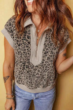 Zip Up Collared Leopard Cap Sleeve Top 50ed1965-34a6-4c39-ac60-394537a70b76-Max-Origin