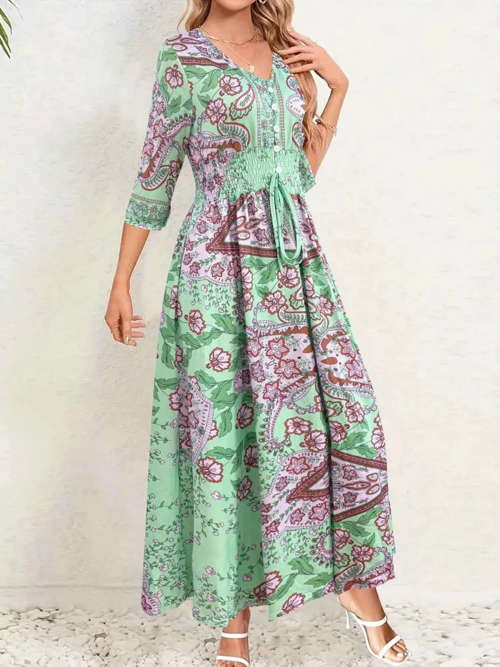 Smocked Printed Half Sleeve Dress 50eebd73d8234800863e0d1e755ab7c1-Max-Origin