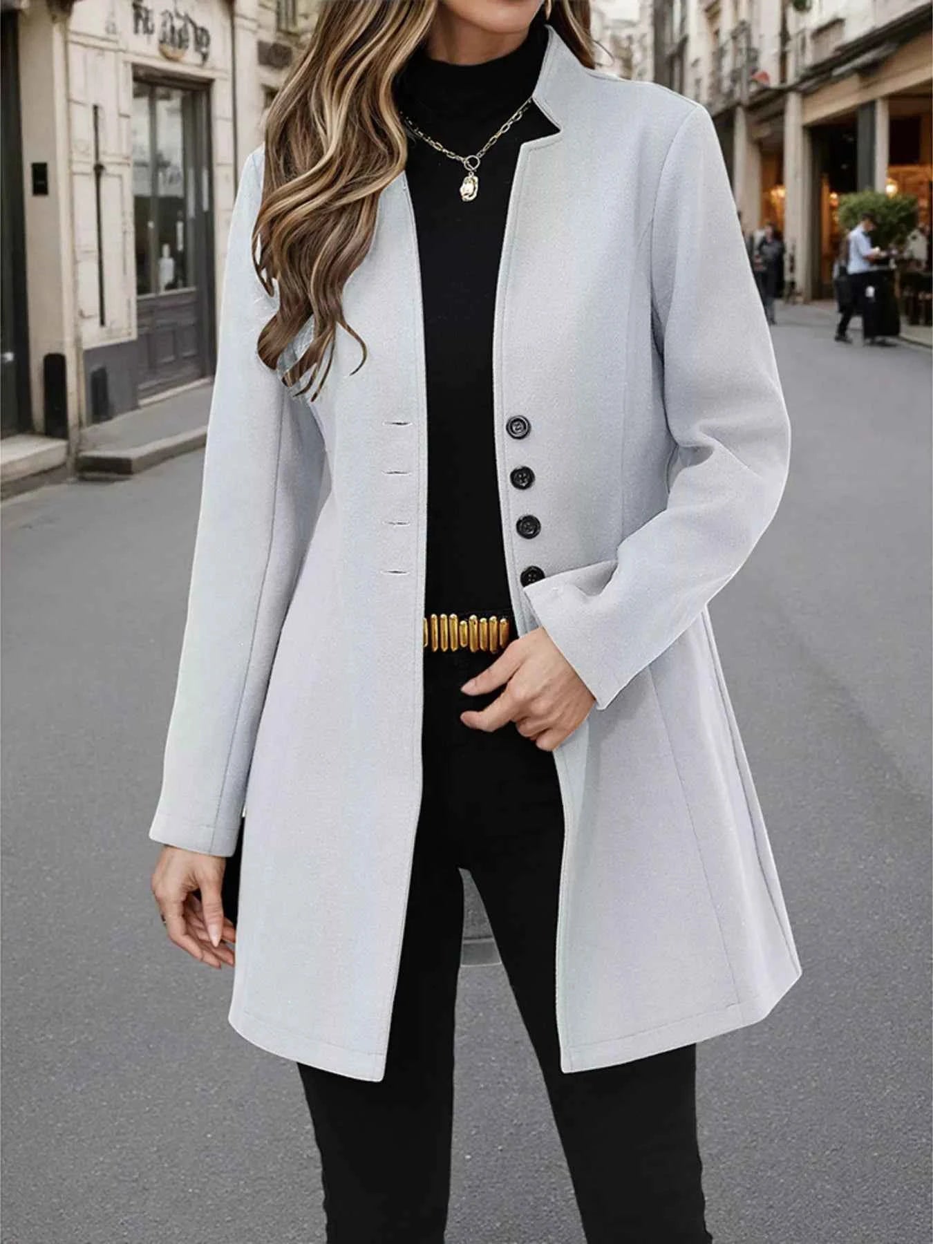 Button Up Long Sleeve Coat Light Gray 50f520cbdb4c49df988e61bcbfabf654-Max-Origin