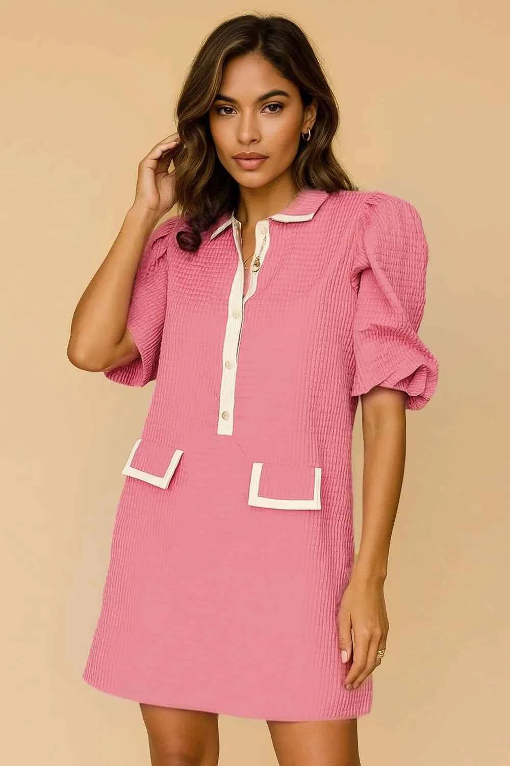 Oh Textured Half Button Puff Sleeve Dress Pink 50f9e79b-7d26-449d-a79f-31a04808f664-Max