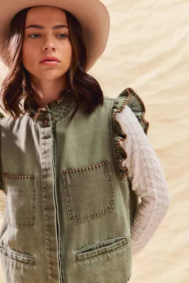 SO ME Washed Denim Stitch Ruffled Hidden Button Vest Top 50fe2247dae443b6aafe2ac0d0529d25-Max-Origin
