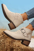 White Faux Leather Studded Pointed Toe Block Heel Ankle Boots White PU Leather 51021e259352e63b