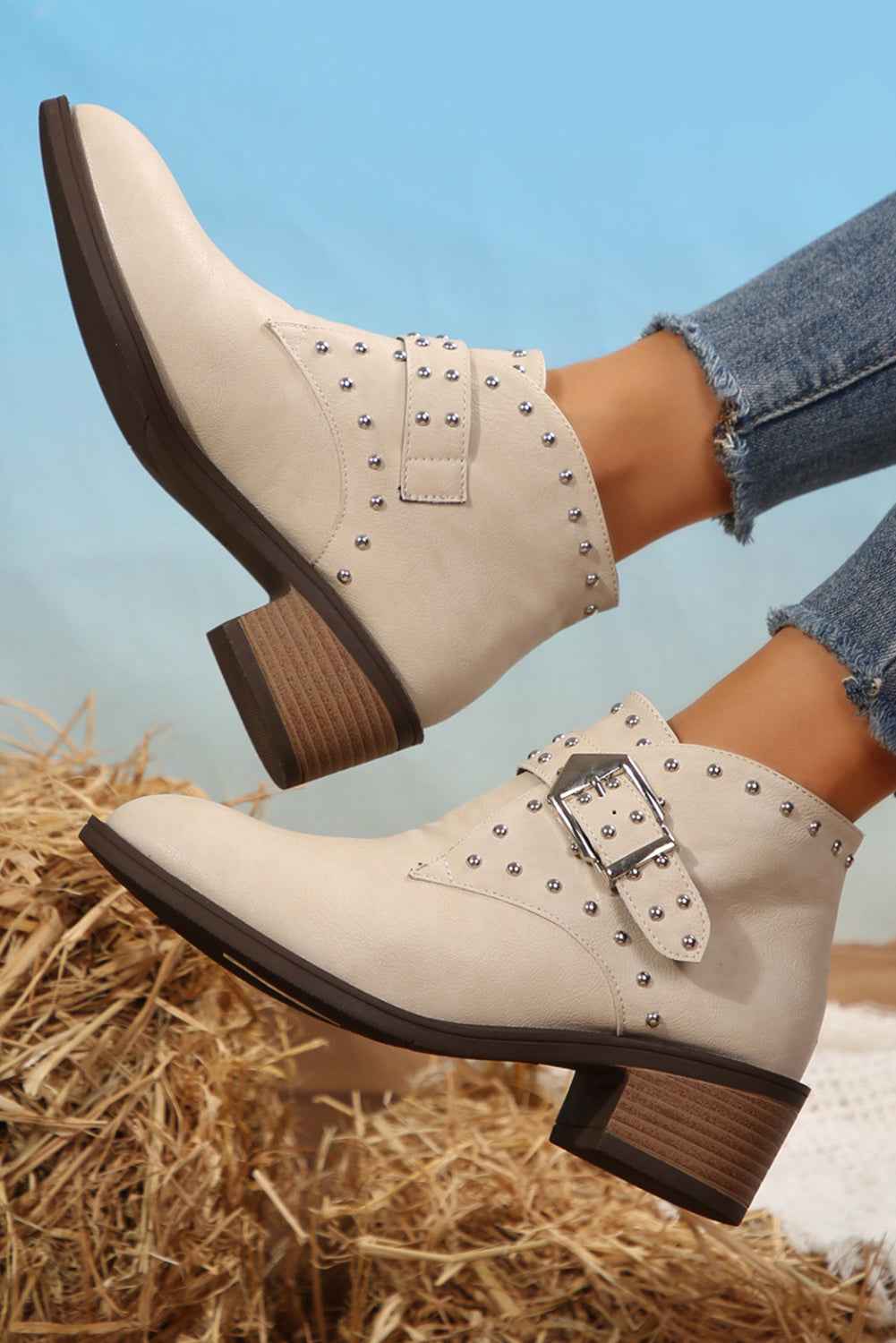 White Faux Leather Studded Pointed Toe Block Heel Ankle Boots White PU Leather 51021e259352e63b