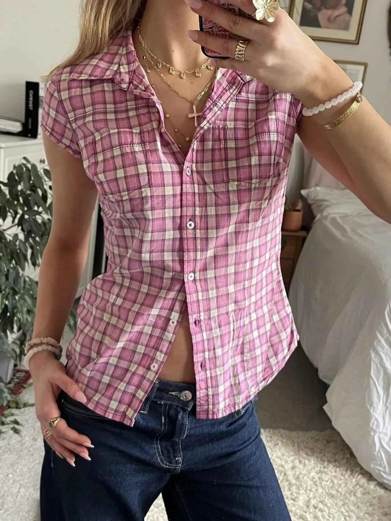 Plaid Cap Sleeve Button-Up Shirt Pink 51060ef060784079860d54918edd5756-Max-Origin