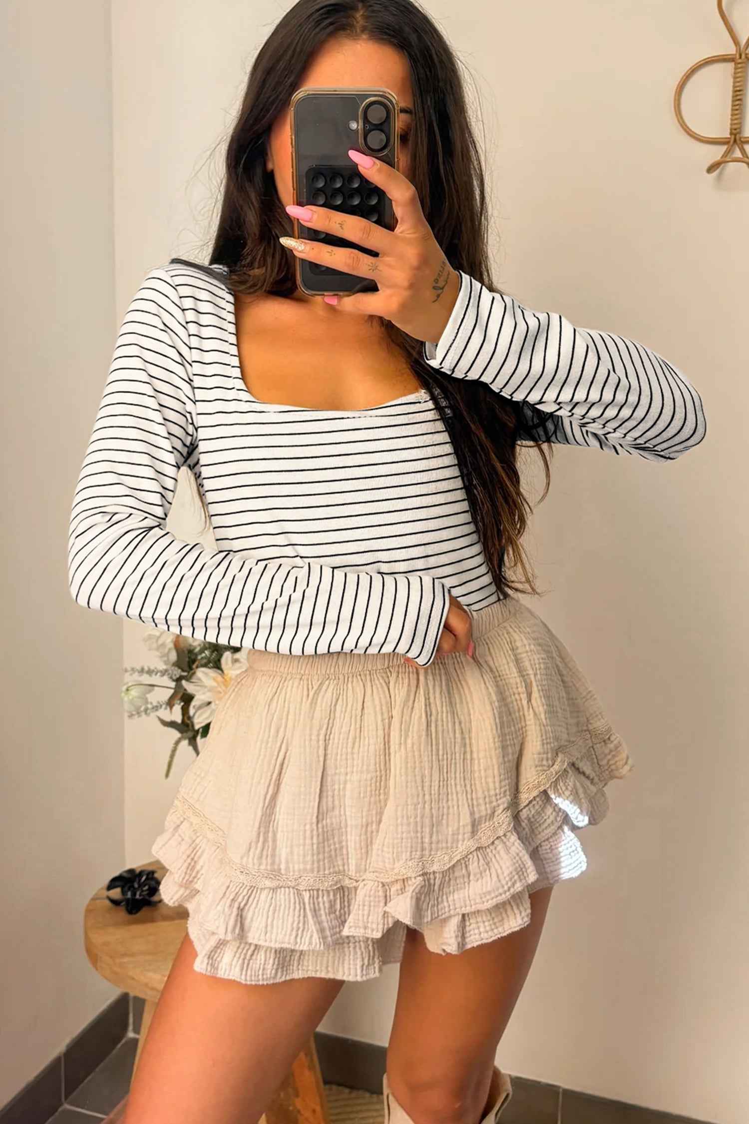 Brown Stripe Square Neck Long Sleeve Top 510c934b7886246a