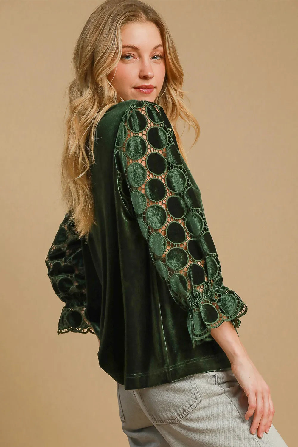 Umgee Polka Dot Lace Long Sleeve Round Neck Blouse 5111031c-288d-4ff7-895e-b7f1efab514e-Max