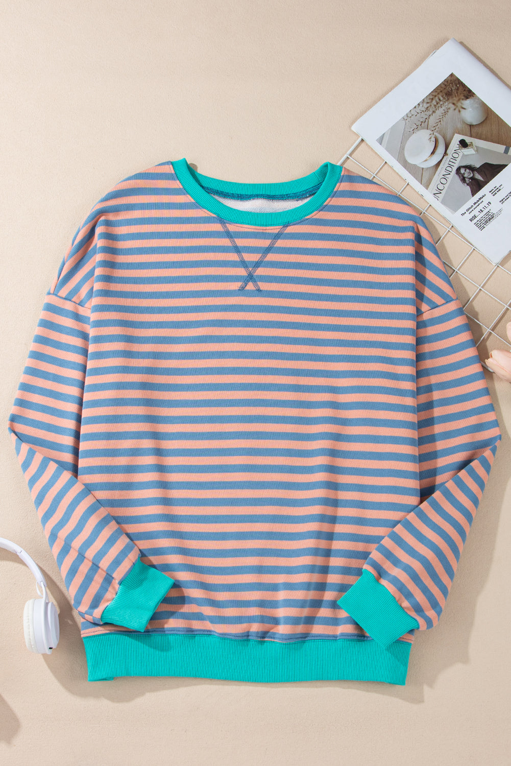 White Striped Contrast Trim Drop Shoulder Sweatshirt 5112b426cb9be5ed