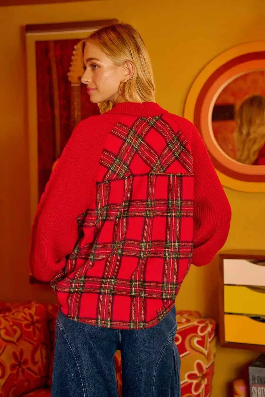 BiBi Plaid Buttoned Collared Top with Sweater Sleeve 51191cdbb9a242359af31b63c7ab7114-Max-Origin