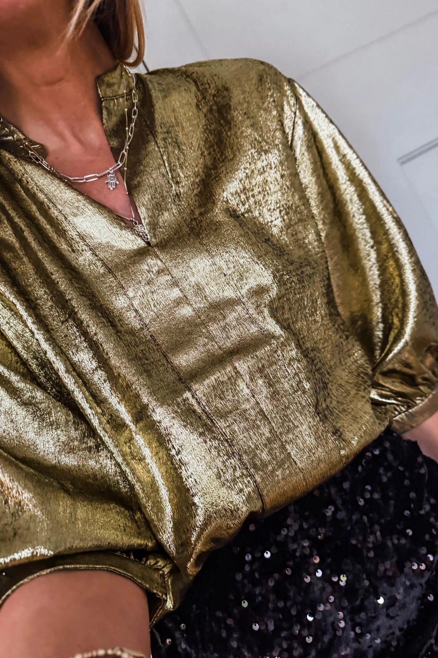 Gold Metallic Split Neck Half Sleeve Blouse 511a952b505e0ba6