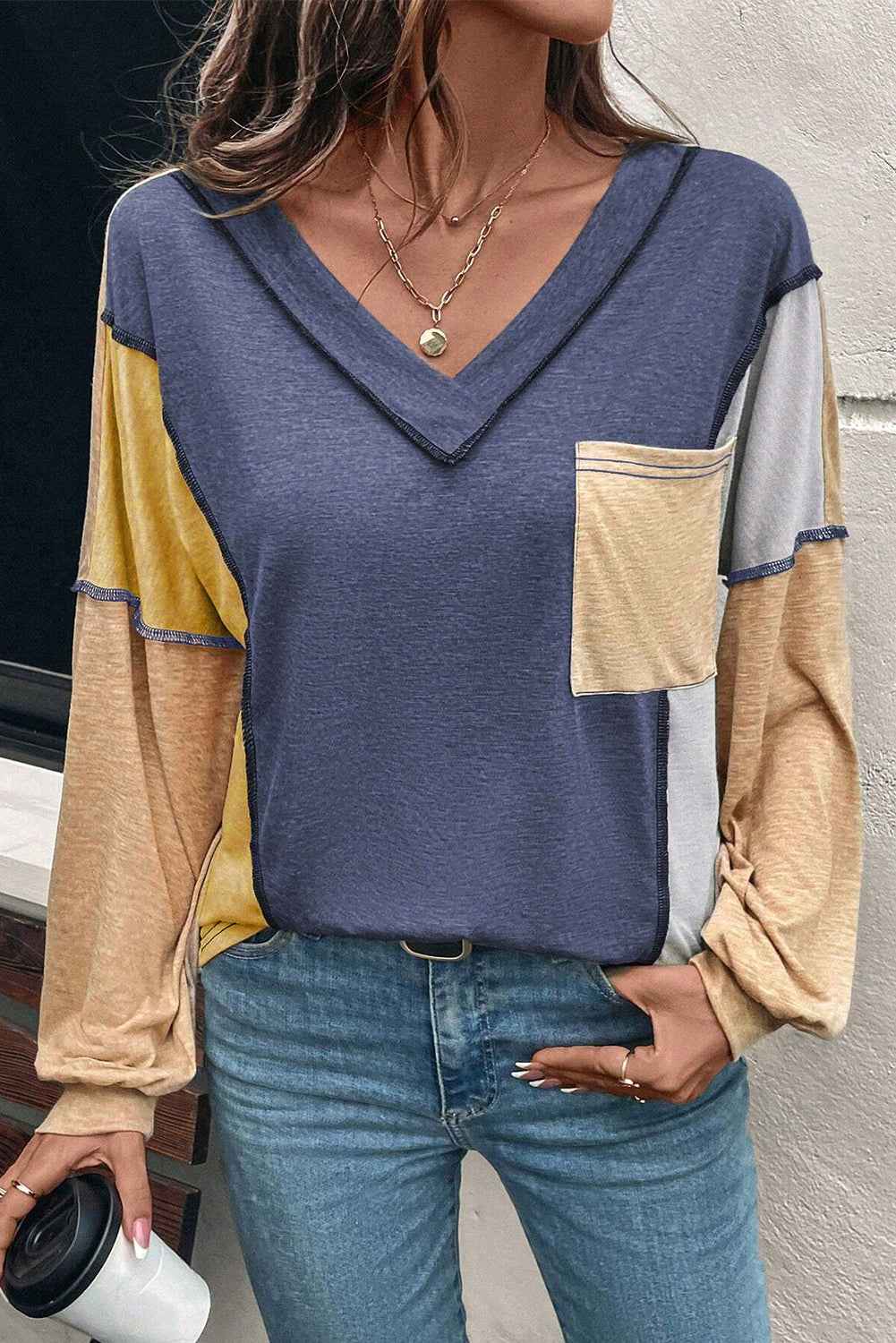 Sail Blue Exposed Stitching Colorblock V Neck Long Sleeve Top Sail Blue 75%Polyester+20%Viscose+5%Elastane 511eecfa6b501a56