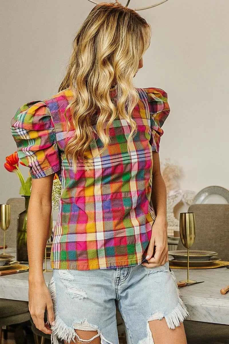 BiBi Short Puff Sleeve Washed Vintage Plaid Top 511f33c93ada47588f891fbc567485a4-Max-Origin