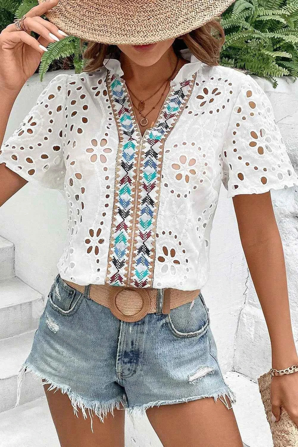 Eyelet Frill Short Sleeve Blouse White 51234fea-b244-4bea-8d8c-c7adf0a68fff-Max