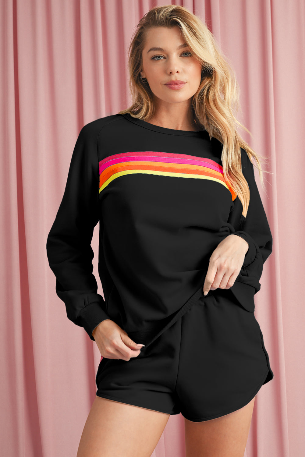 Bonbon Colorful Striped Long Sleeve Pullover and Shorts Set Black 50%Polyester+50%Cotton 5123fd5900cb3d1e