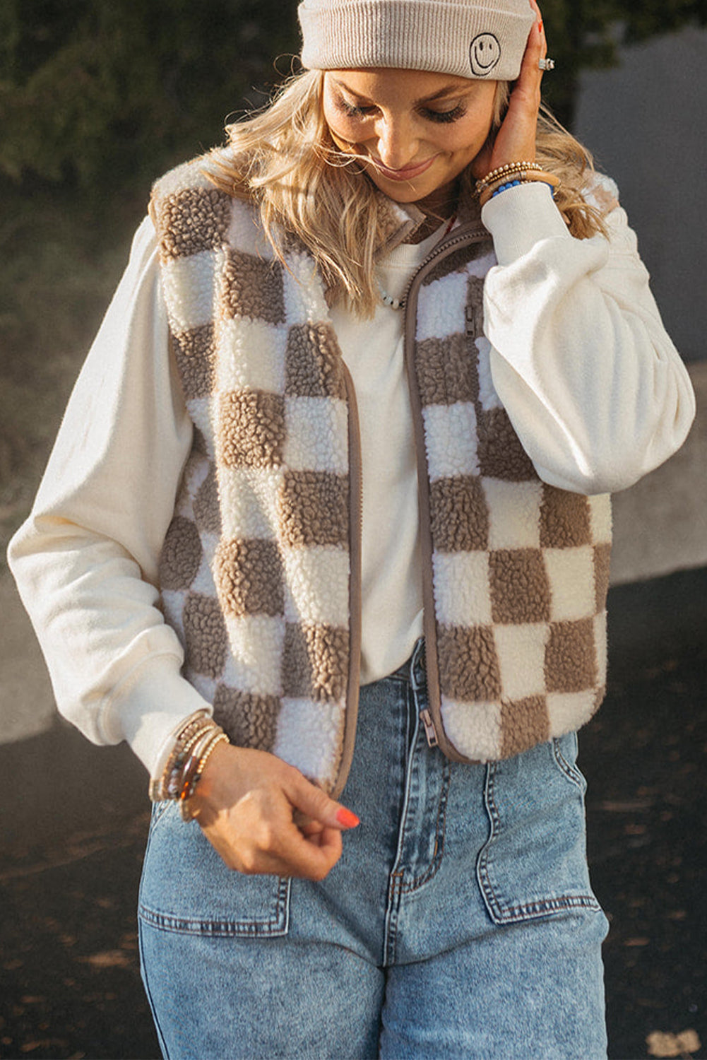 Khaki Checkered Sherpa Collared Jacket Vest 5124296e22e65596