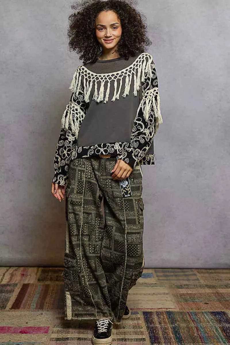 Contrast Floral Embroidery Balloon Sleeve Top with Tassel Trim 512620f7-2706-4d55-b762-65fd1d5cdc81-Max-Origin