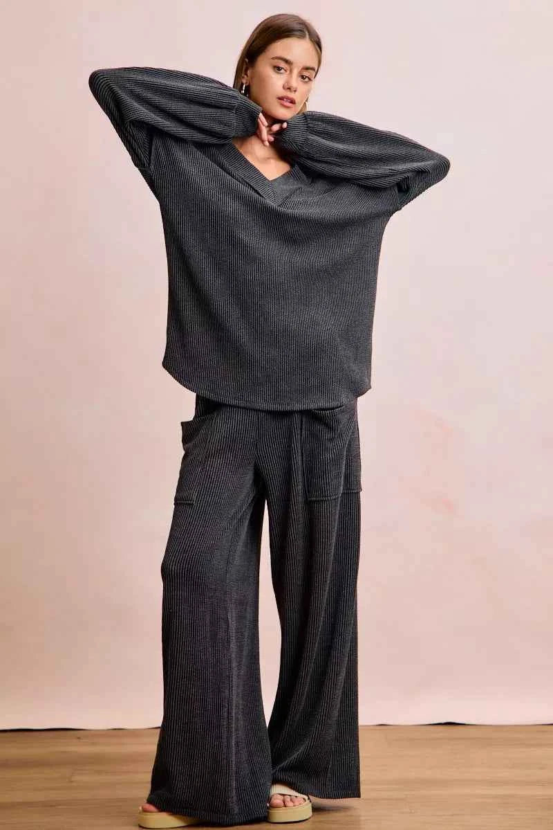 BiBi Two Tone Cord Rib Contrast Stitching V-Neck Top and Pants Set 5137acd8c92348c7ae34d11714bc839b-Max-Origin