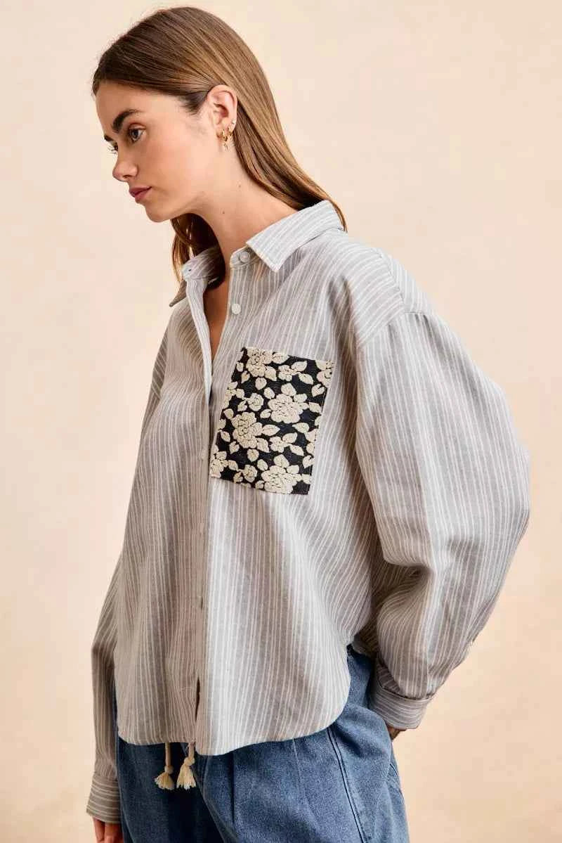 BiBi Flower Jacquard Knit Patch Pocket Stripe Shirt 51385a2f458944d392a99805a1269746-Max-Origin