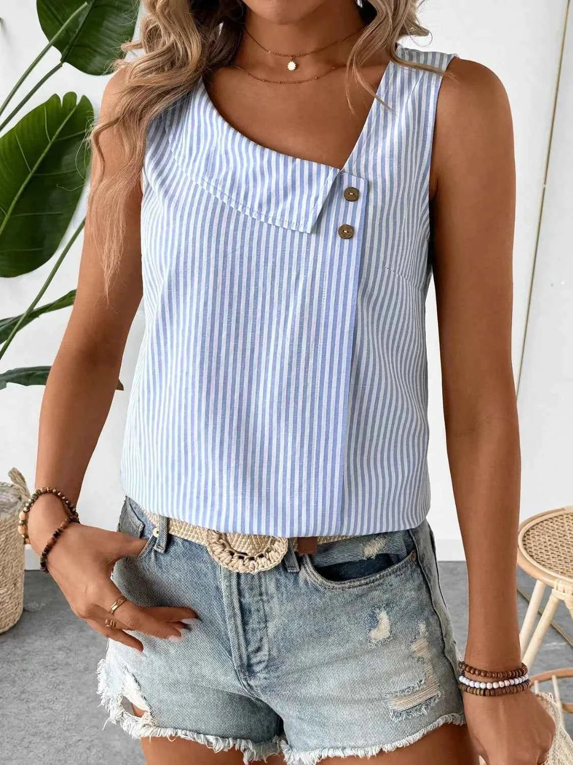 Decorative Button Asymmetrical Striped Tank 5147a5a7-997a-45ef-8292-d2dba07abdfd-Max-Origin