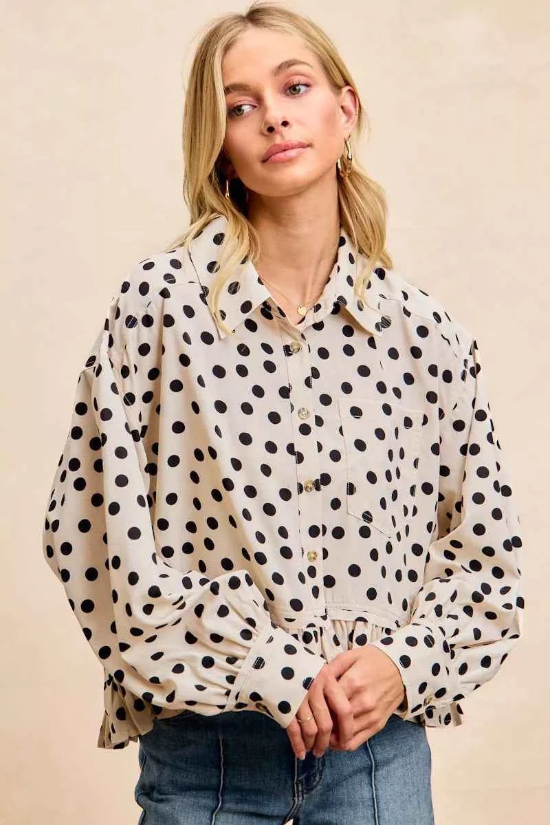 BiBi Crinkle Polka Dot Ruffled Hem Button Up Shirt Top CREAM BLACK 514b0bae4799420bbac945b6943e4d5a-Max-Origin