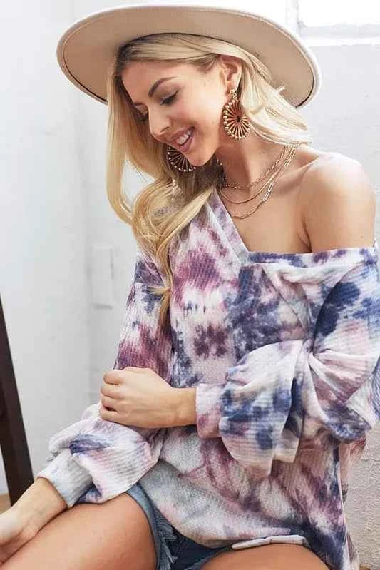 Tie-Dye V-Neck Long Sleeve Waffle Top 514dc3c330c7409a9477954905762715-Max-Origin