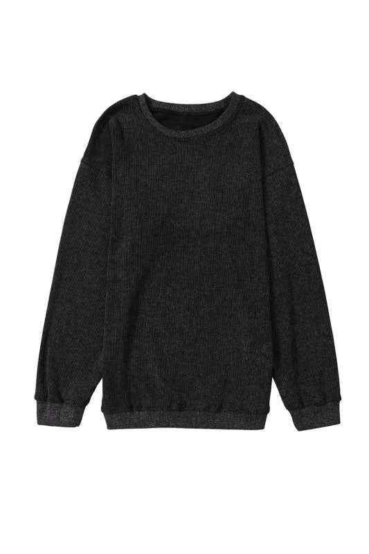 Solid Ribbed Knit Round Neck Pullover Sweatshirt 514e025d-2fe9-430b-8b96-6b22974e42e0