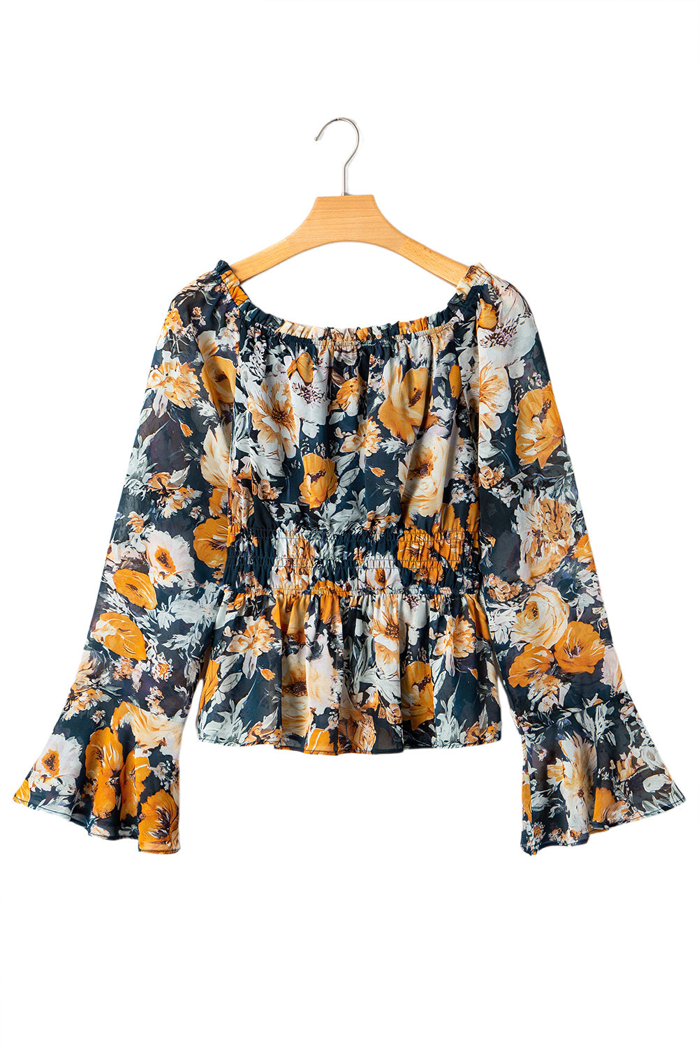 Blue Floral Off Shoulder Bell Sleeve Smocked Peplum Top 5153a698dea4a28f