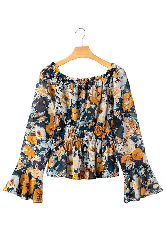 Blue Floral Off Shoulder Bell Sleeve Smocked Peplum Top 5153a698dea4a28f