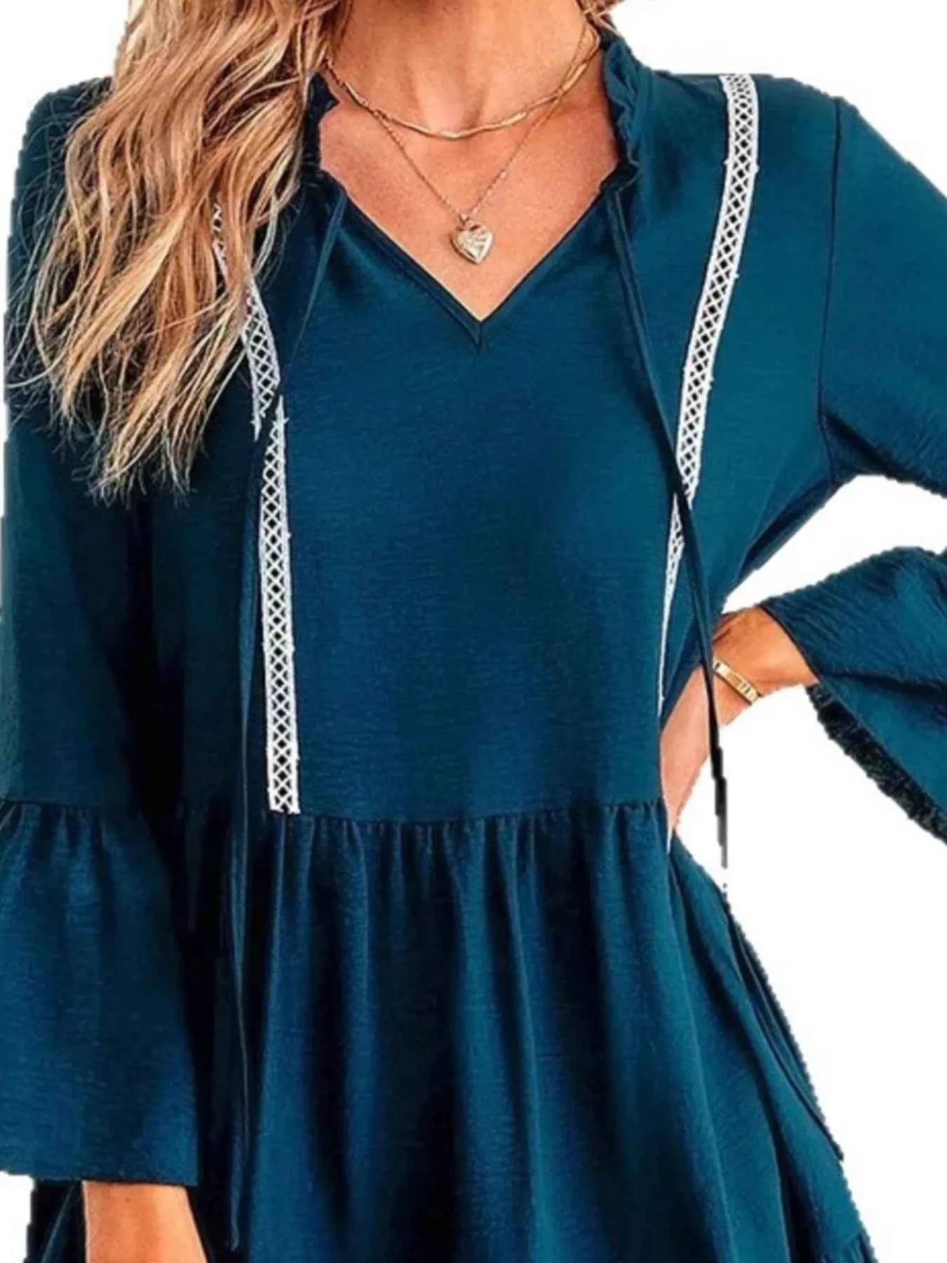 Tie-Neck Long Sleeve Mini Dress with Trim Detail 5162610f-2516-4b6f-9598-7cd256e839cd-Max-Origin
