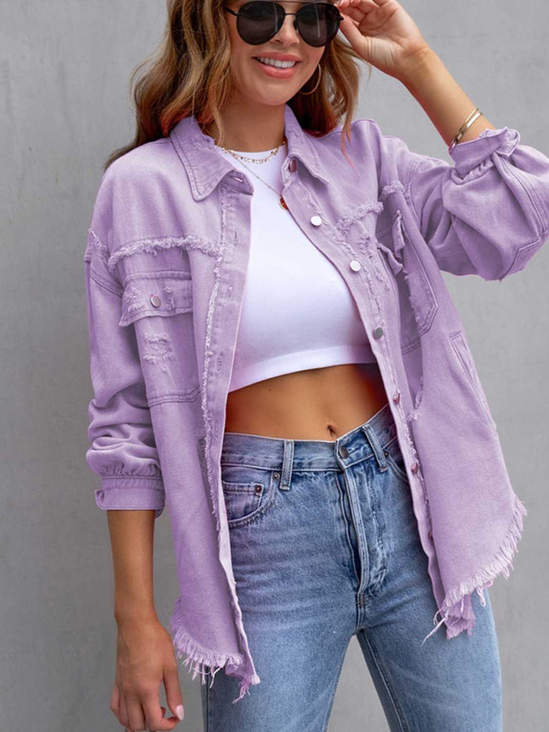 Distressed Drop Shoulder Denim Jacket Lavender 516368a14851448ab34b5d4e56fc899b-Max