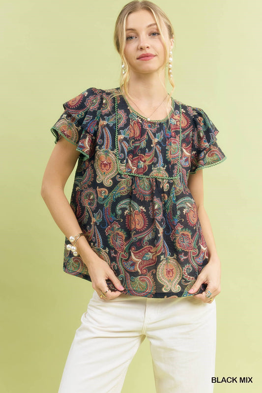 Umgee Mix Paisley Ruffle Sleeve Top BLACK MIX 51677cad-ff88-4181-a4b3-b86620f84ce6-Max