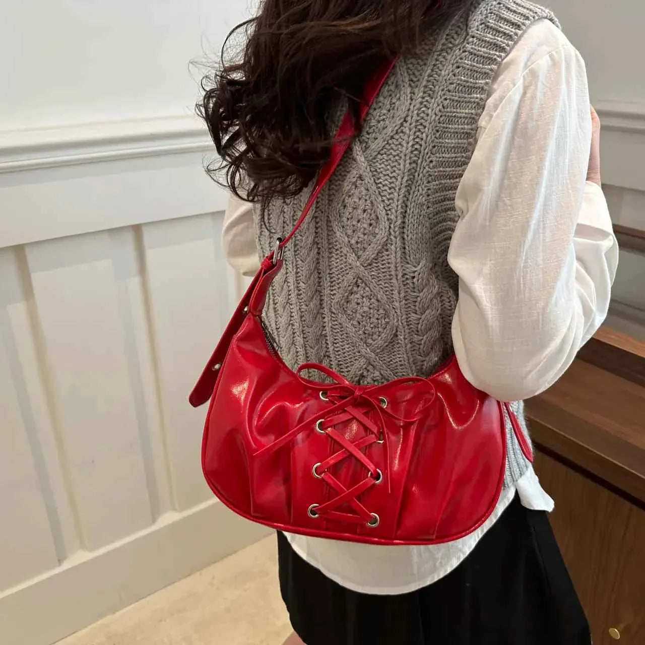 Leather Lace-Up Detail Shoulder Bag Red onesize 516f5c38544c493ca3aabb99d371b205-Max-Origin