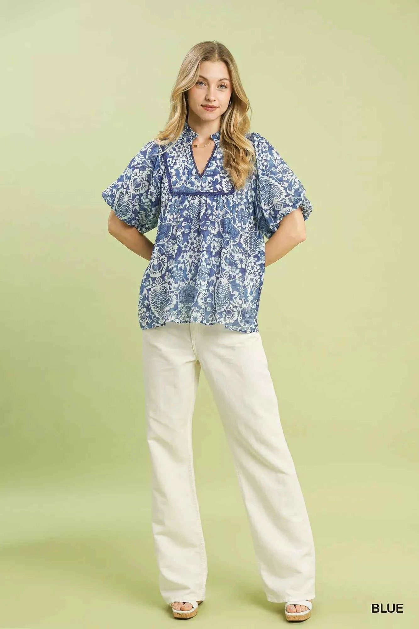 Umgee Abstract Print Ruffled Puff Sleeve Top 51762546-3d14-415d-8f7d-6fdbf5f57c81-Max-Origin