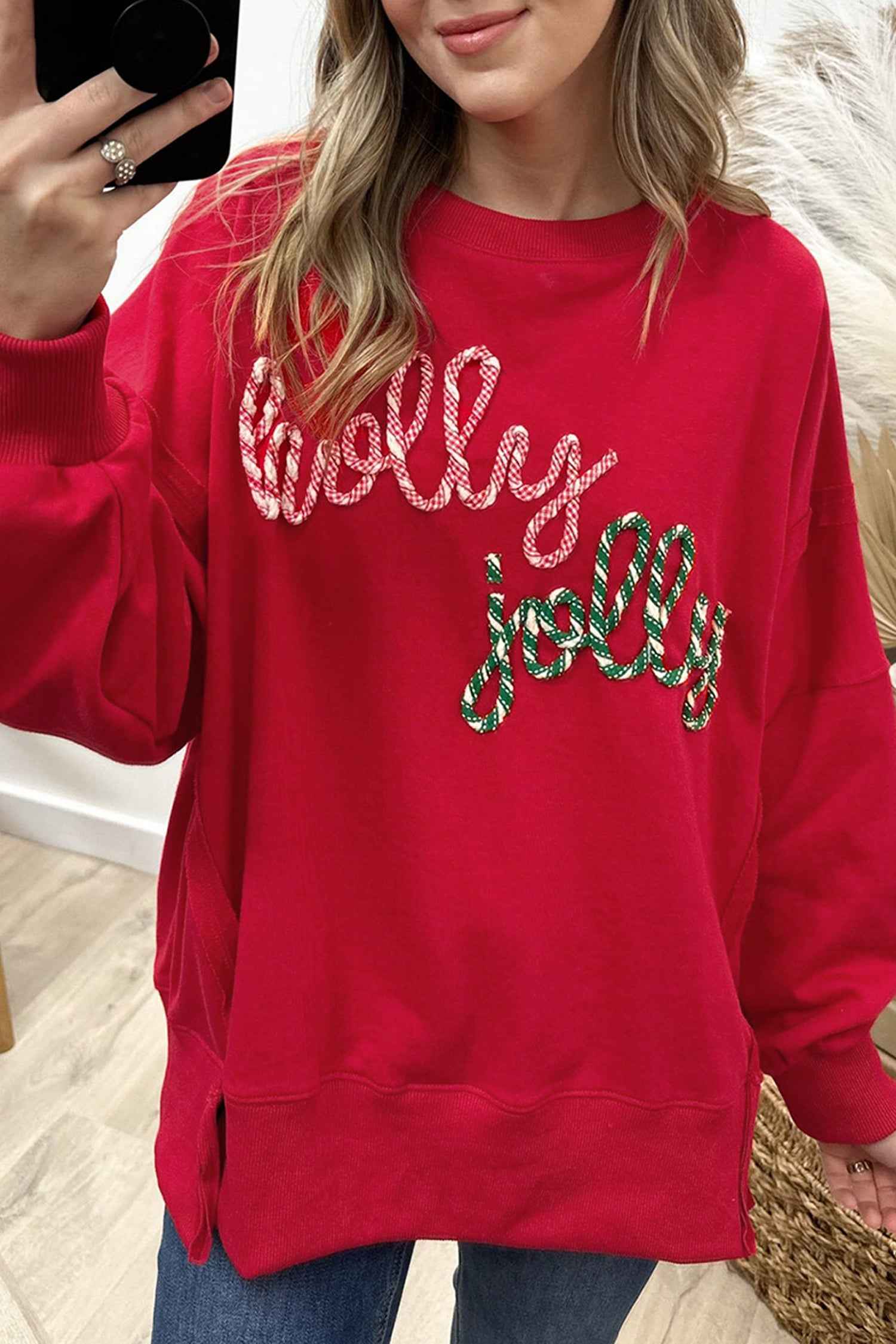 Racing Red Holly Jolly Embroidered Graphic Baggy Sweatshirt Racing Red 65%Polyester+35%Cotton 517628603ff6eefa